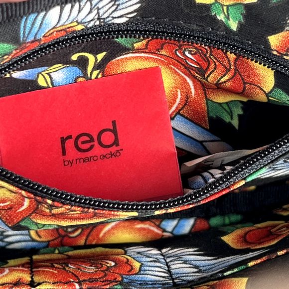 Vtg Red by Marc Ecko Sz 7"x5"x2" Handbag Clutch Buckles Brown Roses Crown Birds - Picture 7 of 16